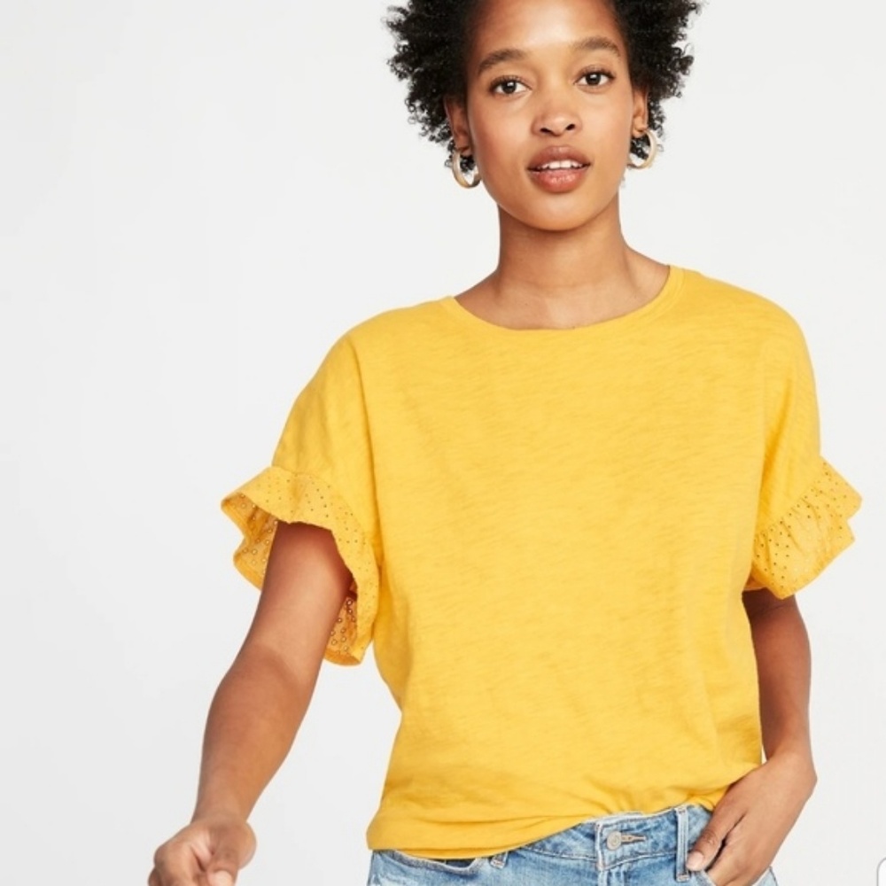 NWT Women's Mustard Ruffled Eyelet Sleeves Shirt